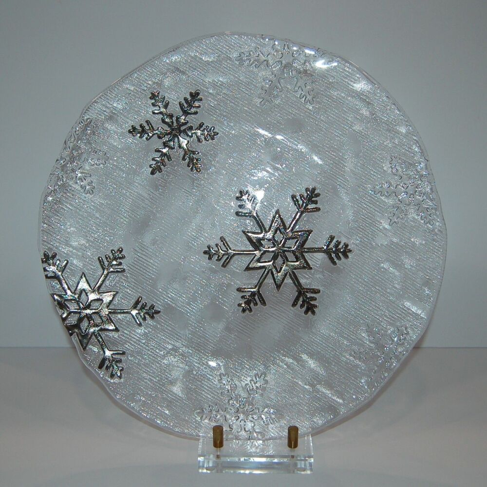 IVV ITALY GLASS SNOWFLAKE CHRISTMAS HOLIDAY PLATE / PLATTER SILVER & CLEAR 14.5"